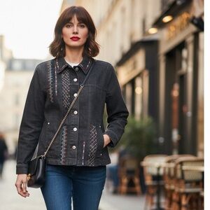 Boho Western Embroidered Stretch Denim Jacket Black 14P